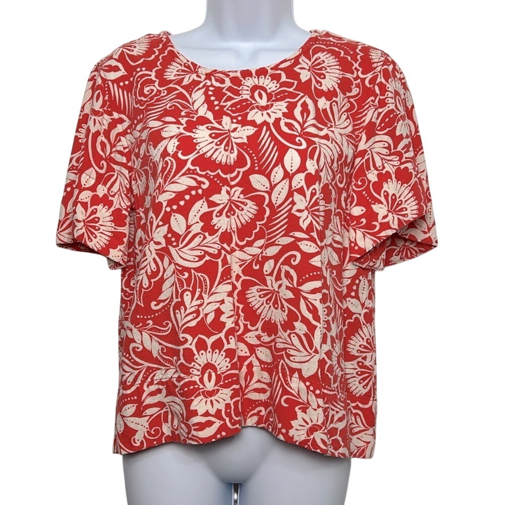 Rafaella Red‎ Cream Floral Linen Blend Short Sleeve Blouse Top Size Small